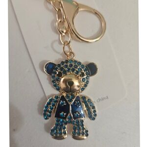 Sparkling Blue Crystal Teddy Bear Keychain Gold Tone Bag Charm Women